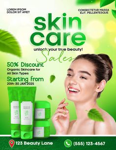 an advertisement for skin care products with woman smiling and holding green leaves in front of her face