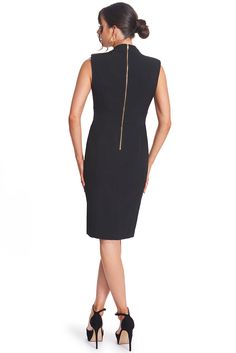 Explore the adaptability & versatility of our Just Zip It Dress. Boasting exposed functional gold zippers, this multipurpose LBD allows you to dictate the direction of your style. Crafted from stretch poly crepe, this midi dress showcases 1/4" thick shoulder pads and numerous functional zippers, including along the center back, front bodice, and skirt front princess seams. With the option to zip it closed for a more modest appearance, unzip it for a more alluring look, or find a middle ground. Y Sleeveless Work Dress With Invisible Zipper, Fitted Knee-length Midi Dress With Zipper Closure, Office Midi Dress With Back Zipper, Chic Knee-length Midi Dress With Side Zipper, Midi Length Workwear Dress With Side Zipper, Office Knee-length Midi Dress With Back Zipper, Knee-length Midi Dress With Back Zipper For Office, Office Midi Dress With Back Zipper, Knee-length, Elegant Workwear Dress With Zipper Closure