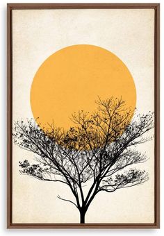 a tree with no leaves in front of an orange sun on a beige background framed print