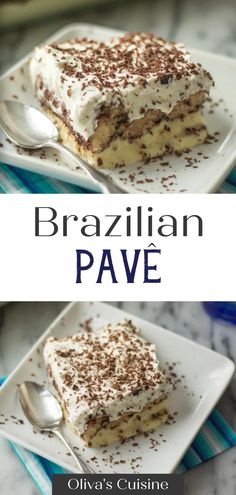 two plates with desserts on them and the words brazilian pave