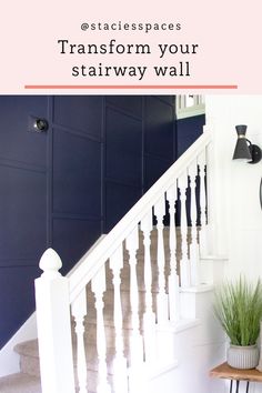 stairs with text overlay that says transform your stairway wall in white and navy blue