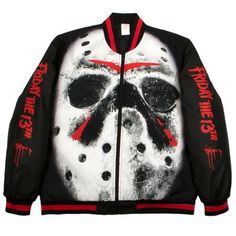 Immerse yourself in the iconic horror of Friday The 13th with the Jason Mask Varsity Bomber Puffer Jacket, designed for both men and women. Available in sizes Small (S) to Extra Large (XL). Featuring a super large Jason Voorhees mask graphic print on the front of this bomber jacket. Whether you're a horror enthusiast, a fan of the franchise, or simply want to make a bold impact, this jacket seamlessly blends versatility with edginess. Combining a puffer design with a chilling graphic, this jacke Mens Pilot Jacket, Drip Clothes, Varsity Outfit, Jason Voorhees Mask, Horror Clothes, Friday The 13th Jason, Graphic Jackets, Jason Mask, Best Jersey