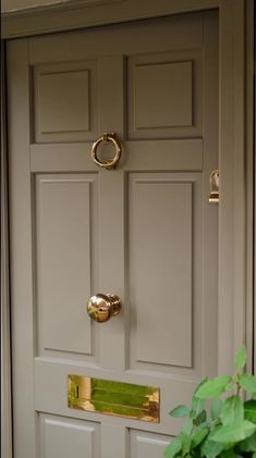 a close up of a door with a potted plant