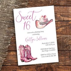 a sweet 16 birthday party with cowboy boots and a hat on the front is shown