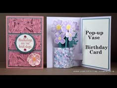 two cards with flowers on them and the words pop - up vase birthday card