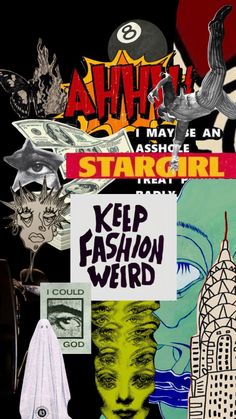 collage of various posters and stickers on a black background with the words, i may be an astounding stargirl