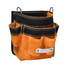 an orange and black tool bag with two pockets on the front, one is open