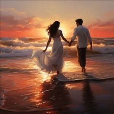 a man and woman holding hands while walking on the beach with waves crashing in front of them