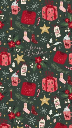 a christmas pattern with presents, gifts and stars on green background that says merry christmas