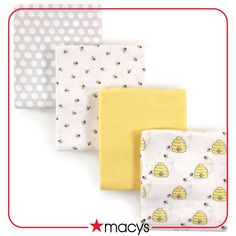 three pieces of cloth with yellow and white designs