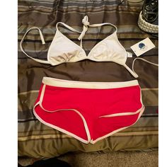 Nwt Shorts Bikini White Trim On Bottoms Have Red Stain From Being Stored (See Pic) Priced Reflected As Such Swimwear With Shorts, Shorts Bodysuit, Swim Shorts Women, Red Stain, White Bikinis, Red Shorts, White Trim, Swim Shorts, Lady In Red