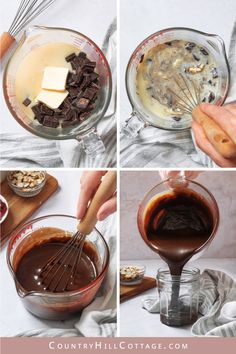 four pictures showing how to make chocolate pudding