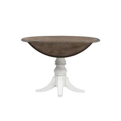 a wooden table with white legs and a brown top on a white pedestal, against a white background