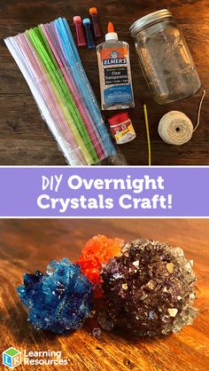 some craft supplies are sitting on top of a table with text overlay that says diy overnight crystals craft