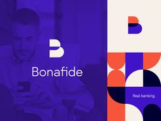 a man looking at his cell phone while sitting in front of him with the word bonafide on it