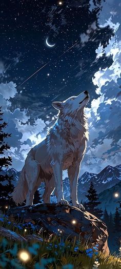 a wolf standing on top of a rock under a night sky