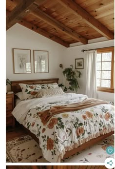 two pictures of a bed in a bedroom with white walls and wood ceilinging, along with an area rug on the floor