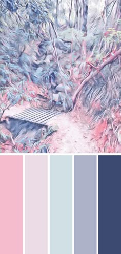 the color palette is blue, pink and grey with an image of a bench in the woods