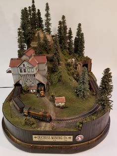 a model train set is on display in front of a house and tree covered hill