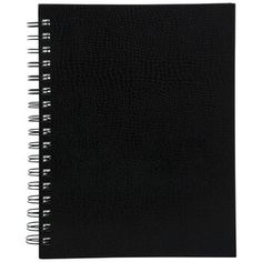 a black spiral bound notebook on a white background