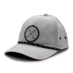 This white Golf hat is the perfect accessory for your next round of 18 holes. The performance polyester fabric brings lightweight and comfort to your new favorite baseball style golf hat. The crossed golf club patch and rope accent bring the style to a tremendously comfortable hat. This classic hat will complement any look, even if youre only there to drive the cart. Size: OSFM.  Gender: male.  Age Group: adult. White Breathable Flat Bill Baseball Cap, Adjustable Breathable Golf Hat, Curved Brim Baseball Cap For Golf, Adjustable Curved Brim Baseball Cap For Golf, Adjustable Six-panel Baseball Cap For Golf, Adjustable Visor Baseball Cap For Golf, Sporty Six-panel Snapback Hat For Golf, White Sporty Dad Hat With Flat Bill, Adjustable Golf Baseball Cap With Curved Bill