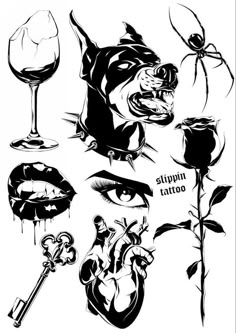 various black and white images of roses, wine glasses, and other things that appear to be drawn in ink