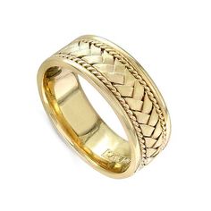 a gold wedding ring with braiding on the outside and inside, set against a white background