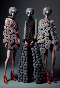 three models in knitted clothing with orange and black flowers on their heads, standing next to each other