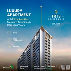 an advertisement for luxury apartment with prime location, premium amenities and gorgeous views