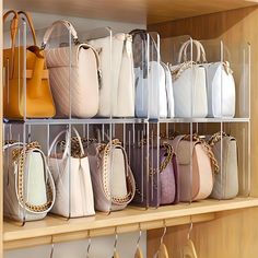 a shelf filled with lots of purses and handbags