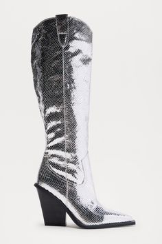 Available In Black And Silver. Knee High Cowboy Boots Pointed Toe 3.7" High Heel Block Heel Imported | Brighton Cowboy Boots in Silver size 6.5 by Fashion Nova High Cowboy Boots, Knee High Cowboy Boots, Black And Silver, Brighton, Cowboy Boots, Silver Fashion, High Heel, Knee High, Block Heels