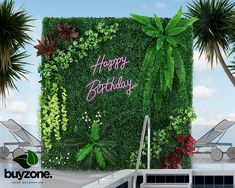 a happy birthday card with tropical plants and palm trees in front of a swimming pool