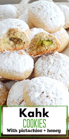 cookies with pistachios and honey on a wooden table next to the words kahl cookies