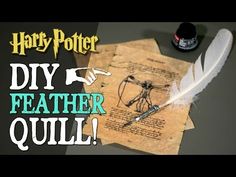 harry potter diy feather quill is shown with some writing paper and ink pen