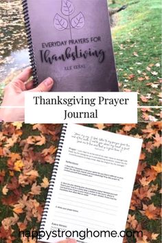 the thanksgiving prayer journal is open on top of leaves and in front of a tree