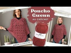 a woman wearing a red crochet poncho shawl with the text,'poncho given au crochet '