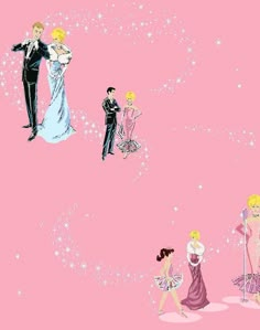 an image of people dressed up in formal wear on a pink background with snowflakes