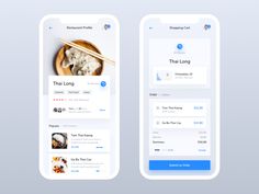 two mobile screens showing food items on the screen and in the background, there is a bowl of rice with chopsticks