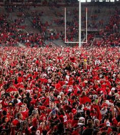 a large group of people in red and white outfits at a football game with fans