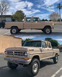 two pictures of the same truck in different stages of being restored, and then painted