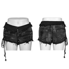 This price includes a pair of shorts only.  1. Made of elastic denim fabric  2. The fabric and pocket openings are designed with rough edges  3. One side is decorated with square rivets, while the other side is designed with ribbon drawstrings and adding a sense of fun through asymmetric design  4. Make a foldable decorative patch at the waist to enhance the waistline.  5. Hot pants design  Garment Size   	 		 			Size 			XS 			S 			M 			L 			XL 			2XL 			3XL 			4XL 		 		 			Length 			19.5 			20 Punk Denim, Punk Shorts, Plus Size Goth, Fitted Shorts, Steampunk Fashion Male, Black Punks, Studded Denim, Outfits With Hats, Pants Design