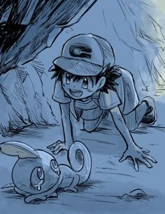 a drawing of a boy reaching for a ball in the ground next to a bunny