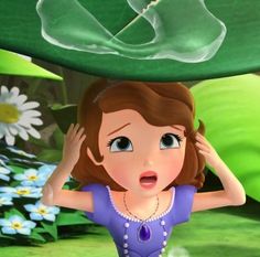 a cartoon girl with her hands on her head under a green umbrella and daisies in the background