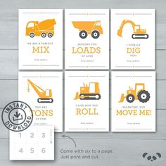 four construction themed cards with the words, dump trucks and tractors in orange on them