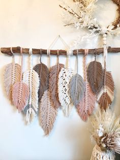 a group of feathers hanging on a wall