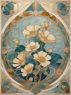 an art nouveau painting with white flowers in a circular glass paneled window, surrounded by leaves and swirls