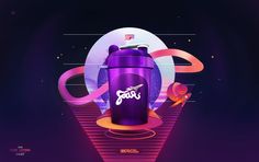 an advertisement for the pepsi cola brand is shown in purple and pink colors with circles around it