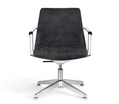 an office chair with chrome legs and black leather upholstered seat, viewed from the front