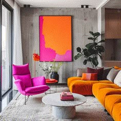 a living room with orange and pink furniture