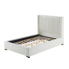 a white bed frame with wooden slats on the bottom and foot board, in front of a white background